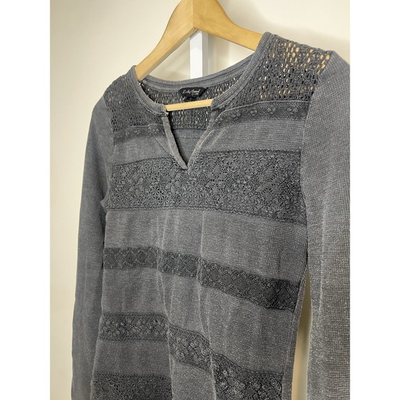 Y2K Lucky Brand SZ S Gray Knit Crochet Detail Long Sleeve Shirt Top Women's - Picture 3 of 7